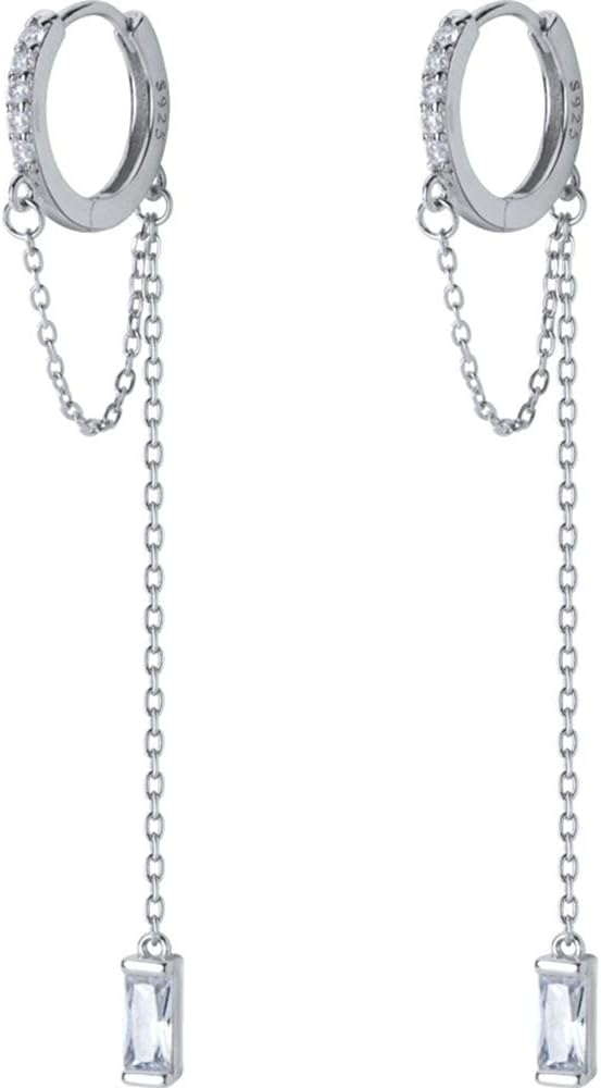 CZ Small Hoop Cuff Earrings With Long Chain Dangle S925 Sterling Silver for Women Girls Cartilage Sensitive Ears Fashion Elegant Cubic Zirconia Threader Tassel Dangling Hypoallergenic Gifts