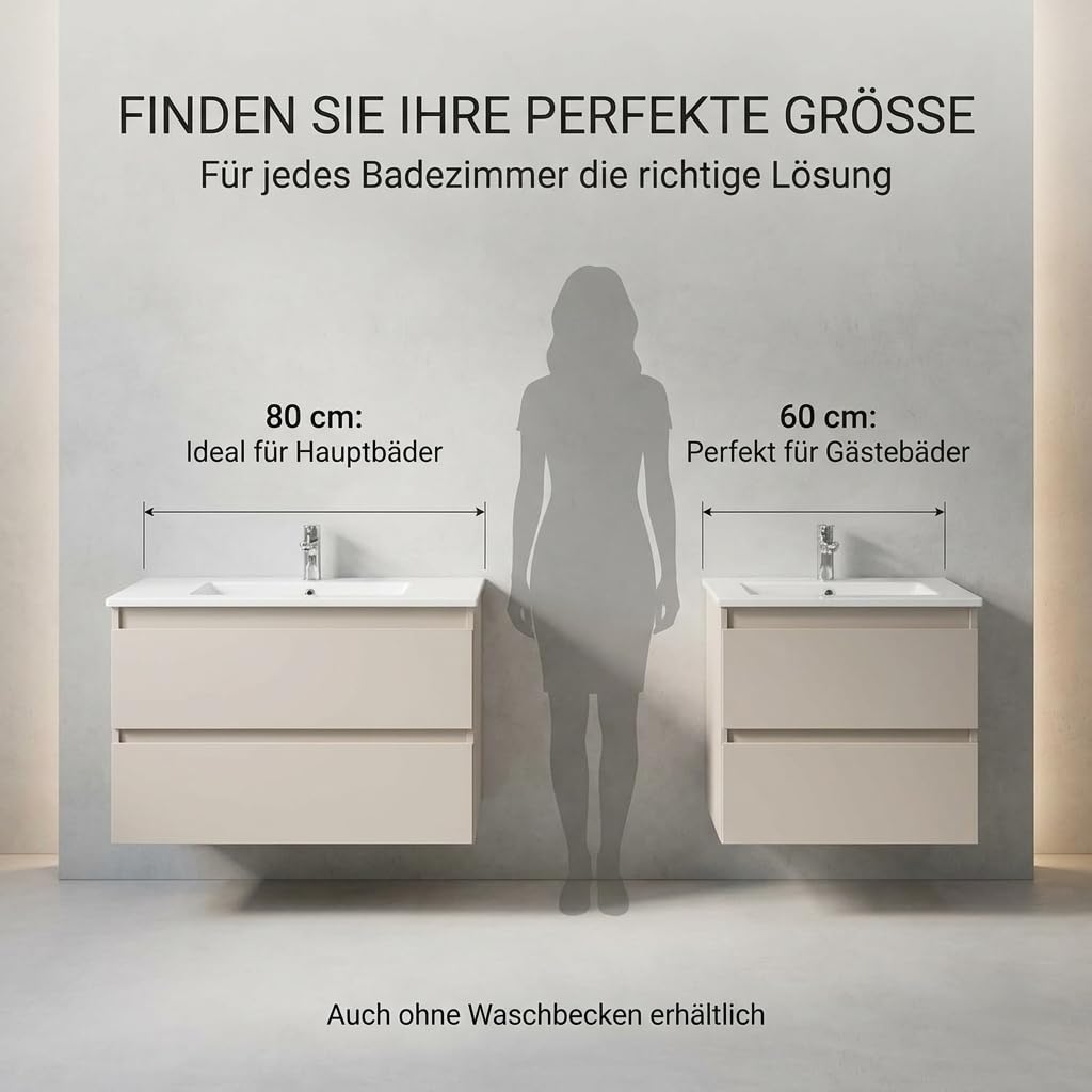Waschbecken mit Waschtischunterschrank CALPE Breite, wandhängend mit Schubladen, Keramikwaschbecken, Farbe: Kaschmir Beige, Matt (Kaschmir, 80)