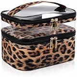 imerelez Double-layer Cosmetic Bag Makeup Bag Travel Makeup Bag Makeup Bags for Women Cosmetics Cases Portable Waterproof Foldable (Leopard)