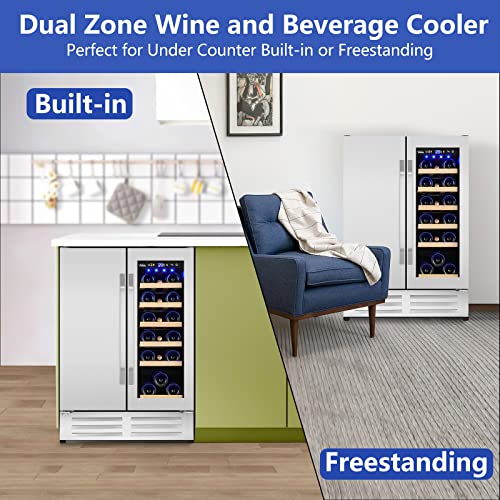 Wine and Beverage Refrigerator,24 Inch Dual Zone Wine Beverage Cooler, Built-in/Freestanding Beer and Wine Fridge with a Powerful Compressor, 20 Bottles and 88 Cans Capacity