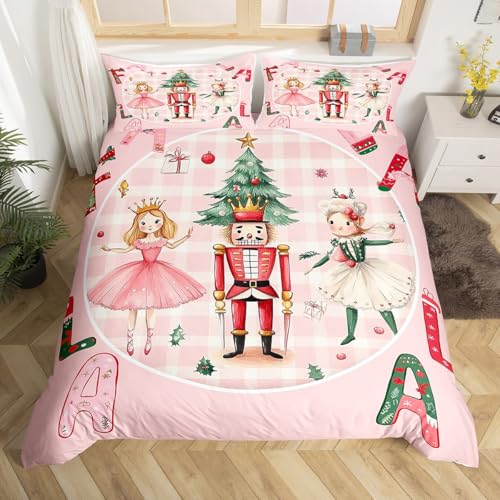 Homewish Pink Christmas Bedding Set Single Plaid Nutcracker Comforter Cover Christmas Nutcracker Duvet Cover for Kids Girls Adults Room Decor,Winter Xmas Holiday Bed Set 1 Pillow Case