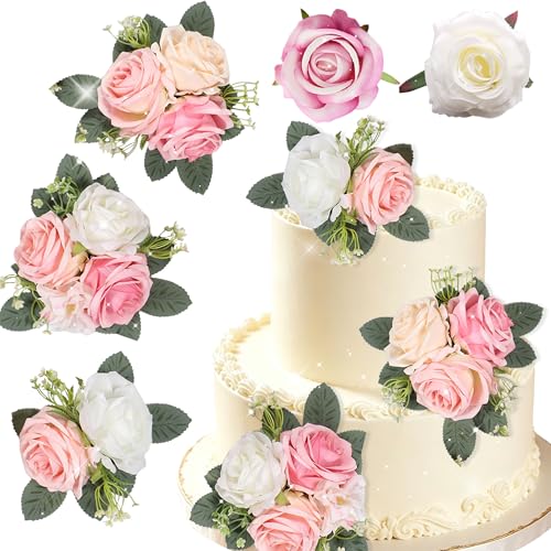 Pink Flower Wedding Cake Topper Rose Floral for Cake Decorating Artificial Flower Wedding Bridal Shower Decorations Rose Anniversary Birthday Party Supplies