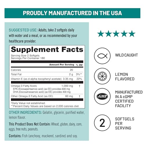 Image of NatureWise Extra-Strength Omega 3 Fish Oil Supplement - 1000mg per Serving - 600 EPA & 400 DHA and Vitamin E - Sustainably Sourced Fish Oil - Lemon Flavor - 360 Softgels[6-Month Supply]