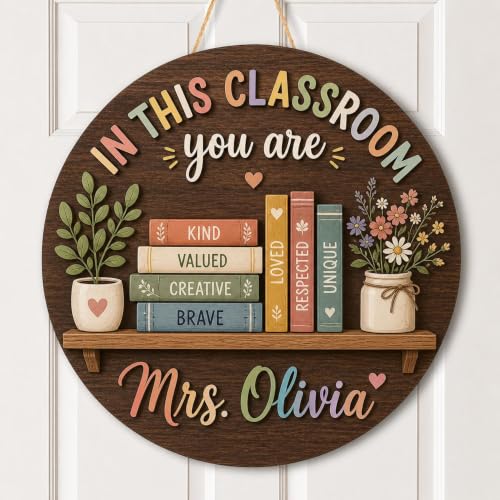 LOVELYPOD Custom Teacher Welcome Sign with Name Classroom Decor Teacher Wooden Door Sign Classroom Door Hanger Back To School Gifts Teachers Appreciation Gifts 08