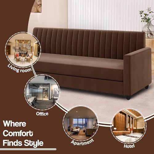 Image of 3+2 Wooden Sofa Set with Ottoman for Living Room | Modern Upholstered 5-Seater Couch | Soft Cushion, Premium Velvet Fabric-Brown