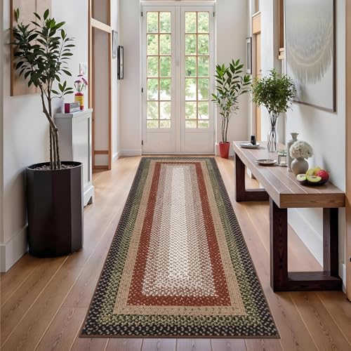 GAOMON Modern 2x8 Runner Rugs Boho Braided Print Rugs Ultra-Thin Entryway Washable Rug Hallway Runners Farmhouse Kitchen Mat Non-Shedding Floor Cover Non-Slip Bedroom Laundry Long Mat Red/Black