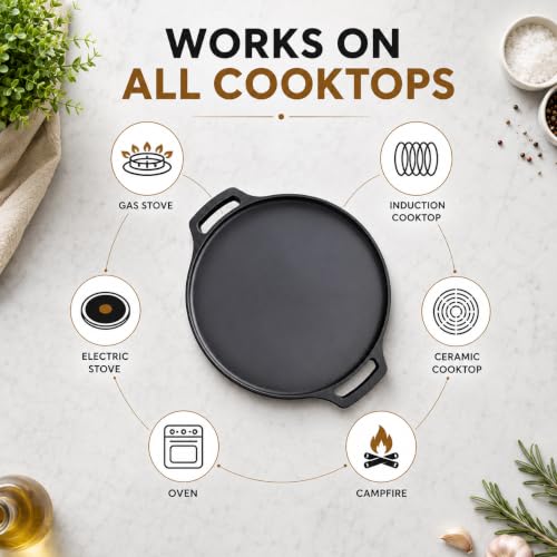 Image of GRIVAN Cast Iron Tawa for Roti & Dosa 12 Inch (30 cm) | Iron Dosa Tawa, Chapati Tawa, Uthappam Pan | Pre-Seasoned Cast Iron Cookware | Gas Stove & Induction Compatible (Black)