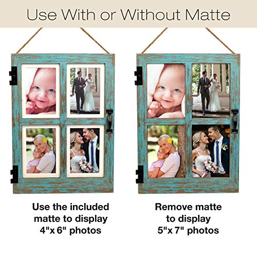Excello Global Products Vintage Farmhouse Window Photo Frame: Rustic Hanging Distressed Wood Collage Picture Frame. Holds Four 4X6 Or 5X7 Photos. Blue Color #TOP2