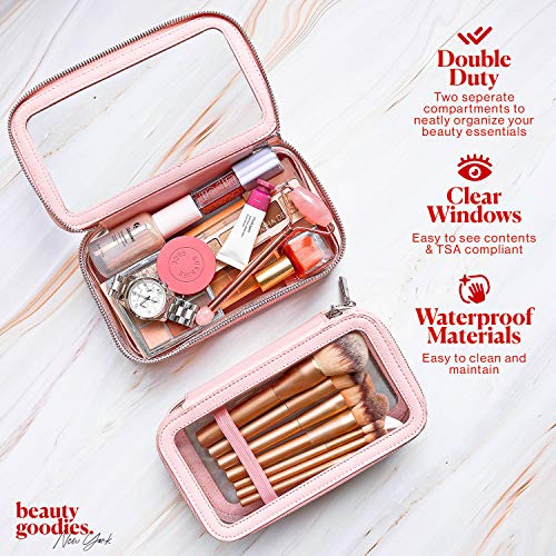 Makeup Bag with Brush Organizer - Dual-Side, Saffiano Leather Cosmetic Organizer with Clear TSA Compliant Compartments. Makeup Kits for Teen Girls. Travel Makeup Bag for Purse. Gifts for Women