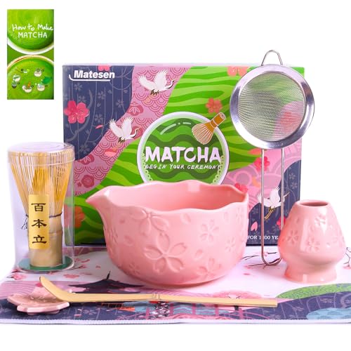 Matesen Matcha Set Rosa 7-teiliges Matcha Besen Set Pink Premium Starter Latte Set für Anfänger Matcha Tee Set mit Sieb Chawan und Besen Zubehör für das Matcha Tea Set für Anfänger