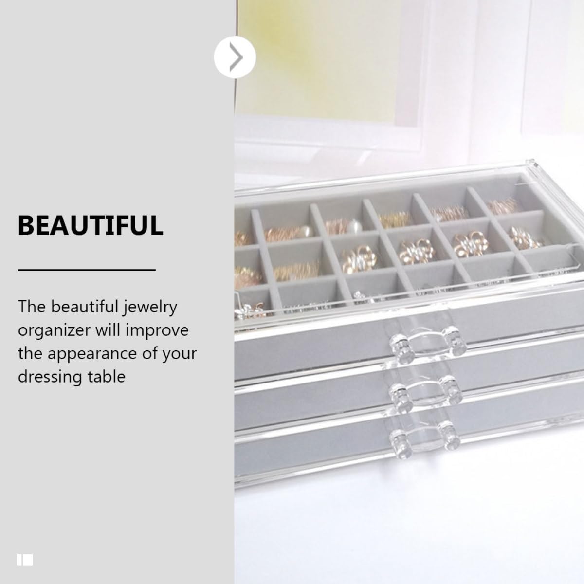 Organizador de Joyas de Acrílico Multicapa, Caja de Almacenamiento de Terciopelo Gris 3 Niveles y 54 Compartimentos, Contenedor Compacto para Collares, Pendientes y Anillos,