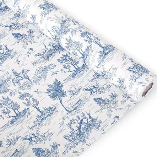 JarThenaAMCS Classic French Village Printed Wrapping Paper Roll 17 In x 32.8Ft White Blue Rustic Rural Scenery Gift Wrap Decorative Art Paper for Birthday Gift Packing Supplies