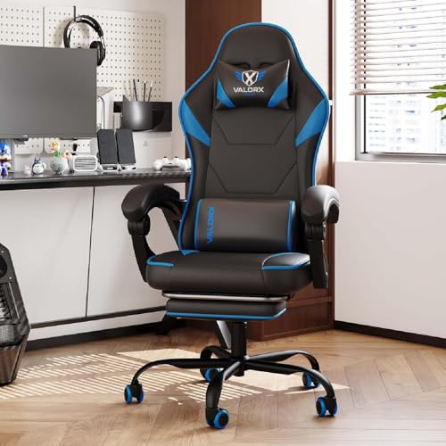 Image of ValorX USA Striker 2026 Edition | Ergonomic Gaming & Office Computer Chair | Premium PU Leather | Dual Massager Back Support | Adjustable Neck & Lumbar Pillow | Ergo Sync Armrests | Footrest (Blue)