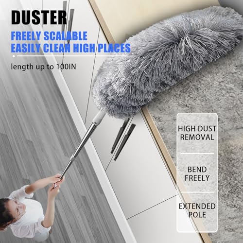 Image of Extra-Long Dust Collector with Extension Rod, 30-100 Inches in Length with Two Bendable Heads Microfiber Dust Collector That can be Extended is Used to Clean High Ceilings Ceiling Fans Cobwebs