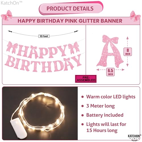 Image of KatchOn, Pink Bow Happy Birthday Banner with Lights, Pre-Strung - 10 Feet | Happy Birthday Decorations for Women, Kids | Glitter Pink Bow Party Decorations | Happy Birthday Backdrop