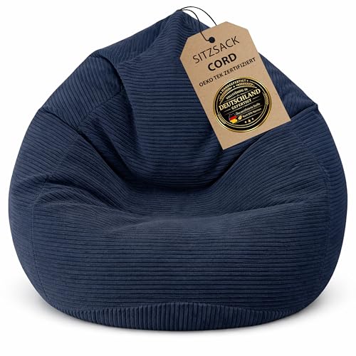 BuBiBag Premium Sitzsack Cord XXL Fertig befüllt & Oeko-Tex Zertifiziert Kratzfester Breitcord Gaming Sessel Robuster Bean Bag für Kinder & Erwachsene Pflegeleicht (Navyblue 120x95cm)