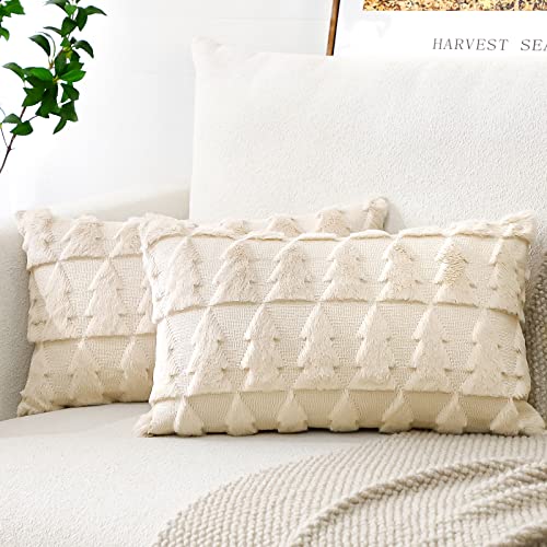 Artscope Set of 2 Soft Plush Short Wool Velvet Decorative Cushion Covers Square Luxury Style Throw Pillow Covers Pillow Shell for Sofa Bedroom Christmas Tree Cream Beige 30x50cm