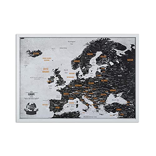 Mapa de Europa para Viajes + 100 alfileres de Pasaporte, Mapa de Europa con Marco, Tarjetas Personalizadas con Colores Originales, 53x43 cm, Marco de Madera Natural