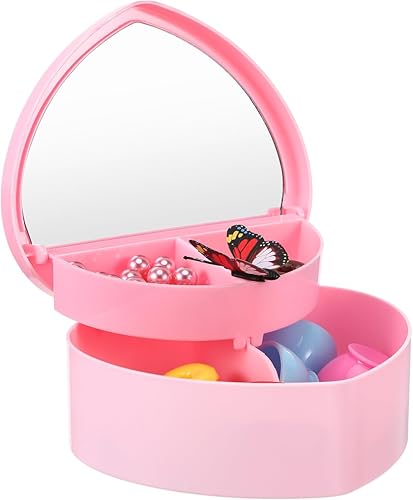 Cabilock Joyero en forma de corazón para niña Organizador de almacenamiento de joyas rosa con espejo de maquillaje de corazón vitrina de joyería