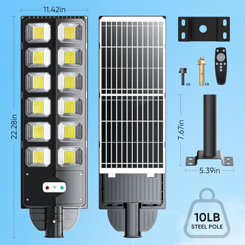 WERCHTAY Solar Street Lights Outdoor Waterproof, IP66 15000LM 6500K Solar Flood Lights Dusk to Dawn Wide Angle Motion Sensor and Remote,Upgrade Metal Fixing Rod (2 Pack)