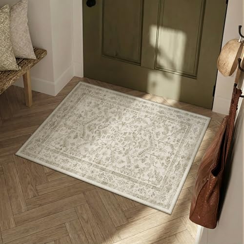 Taupe 2x3 Entryway Rug Vintage Area Carpet Indoor Kitchen Washable Door Mat Entrance Small Low Pile Traditional Distressed Retro Accent Throw Rug Non