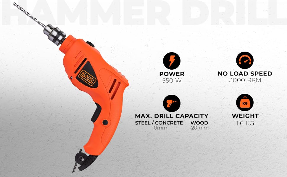 BLACK+DECKER HD400K50 550W 10mm Corded Non-Reversible Impact Drill Machine Kit for Home & DIY Use (50 Accessories Kitbox) for drilling Wood, Metal & Concrete, 1 Year Warranty, ORANGE & BLACK