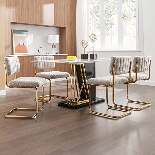 Zesthouse Mid-Century Modern Dining Chairs With Gold Metal Base, Accent Armless Kitchen Chairs With Channel Tufting, Upholstered Boucle Fabric Side Chairs, Set Of 2, Grey Khaki #TOP5