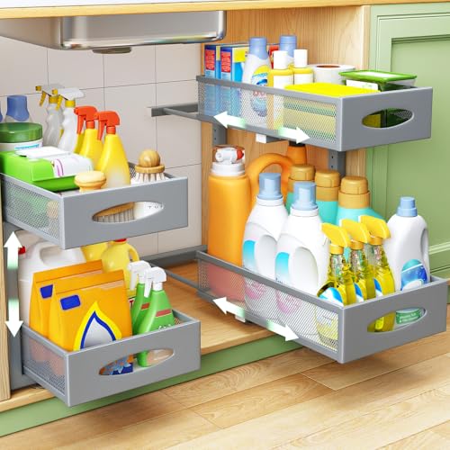 2 Pack Under Sink Organizer, 2 Tier Pull out Cabinet Organizer Mesh Baskets with 5 Adjustable Heights, Sliding Drawers Storage Shelf for Home, Kitchen, Bathroom, Pantry, Office, Countertop ,Grey by Kitstorack - Used condition - US$40.23