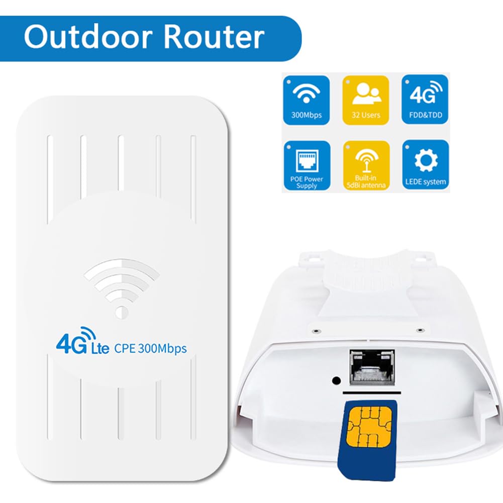 Enrutador WiFi 4G Impermeable para Exteriores Extensor WiFi de 300Mbps con Tarjeta SIM Enrutador 3G/4G LTE de Alcance 100M 32 Usuarios-Enchufe de la UE
