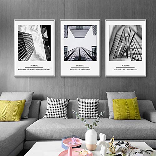 Art mural géométrique noir et blanc 3 toiles de bâtiment moderne pour salon