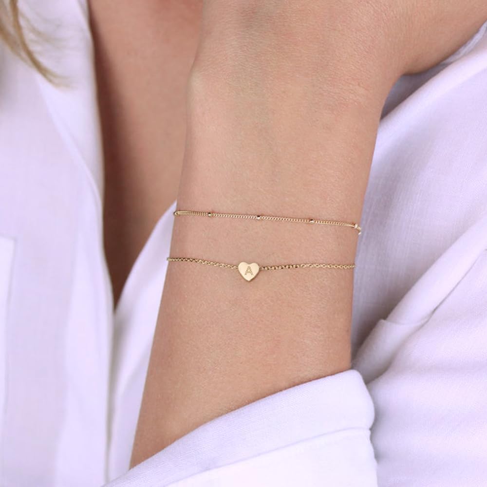 Turandoss Dainty Heart Initial Bracelets for Women Girls, 14K Gold Filled Handmade Personalized Letter Layered Heart Initial Bracelets for Women Teen Girls Jewelry Gifts - Image 4