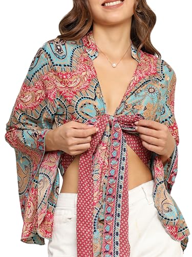 Image of KE KANHA EXPORTS Wrap Top for Women|Backless Tops for Women| Multiway Tie Up V Neck Bell Sleeves Chinese Collar|Multicolor|Easily fits S-M-L|Bust32-38in|Length18in|Boho Beach