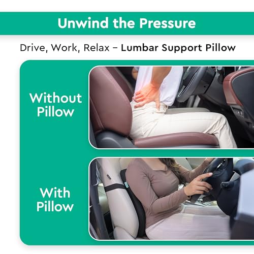 Image of Memory Foam Car Seat Cushion with Lumbar Support - Ergonomic Backrest for Upper, Middle & Lower Back Pain Relief | Posture Correction Chair Support for Car & Office Use | 17x15x5inch, Black