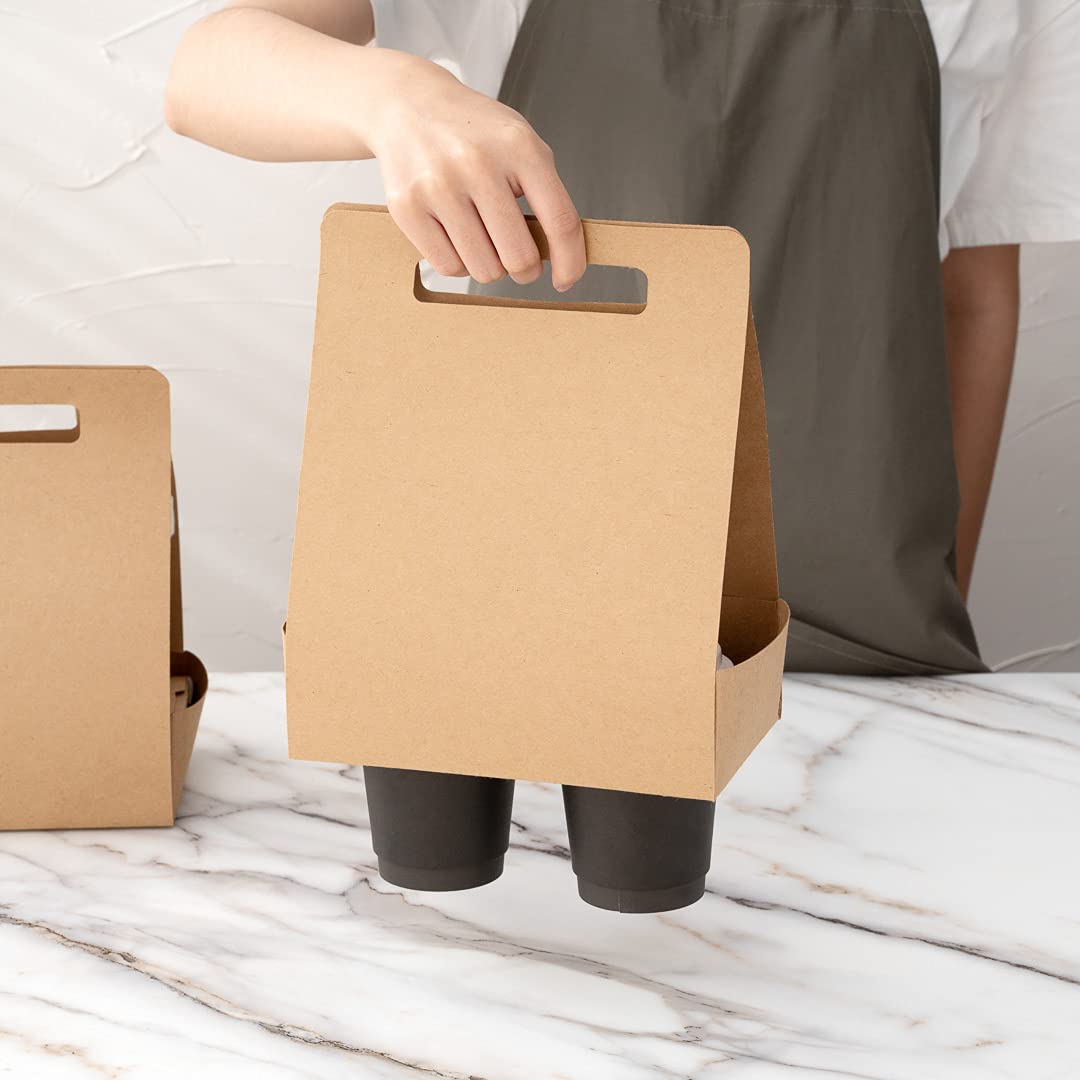 Restaurantware Bio Tek - Fiambreras de papel con asas, 100 recipientes desechables de papel kraft para alimentos, 21 x 10 x 20 cm, portavasos para utensilios de cocina, portadores de bebidas para