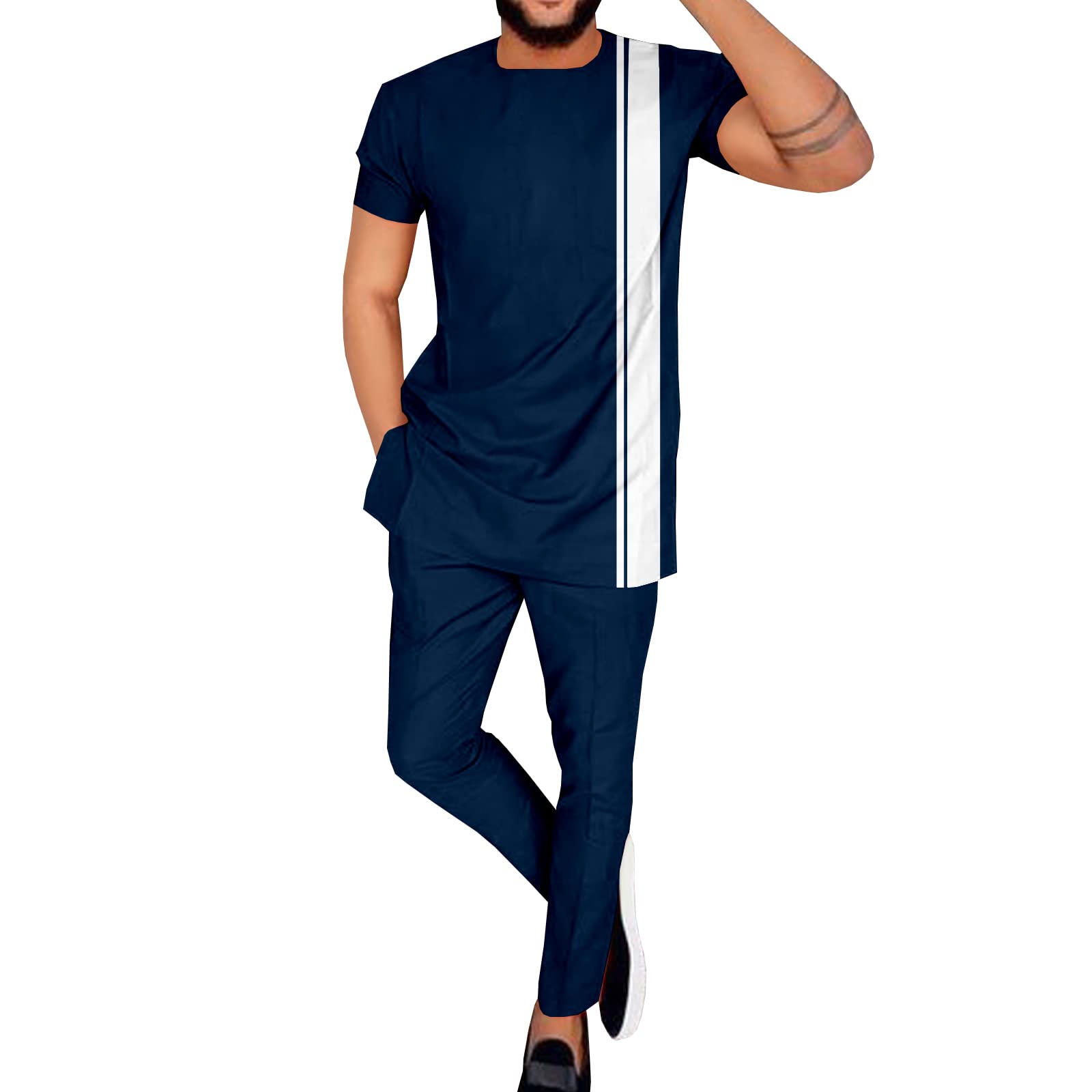 Africa-Pride Men's Dark Blue African Suits For Shirts And Pants 2 Piece Set Ankara Attire Plus Size Casual Outfit Tracksuit, M