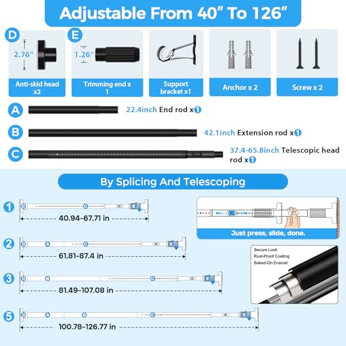 Image of AIZESI 41-124 Inch Heavy Duty Tension Curtain Rod - No Drilling, Adjustable, Rust-Resistant for Outdoor, Living Room, Window, Bathroom (Black, 41 inch to 124 inch|2PACK)