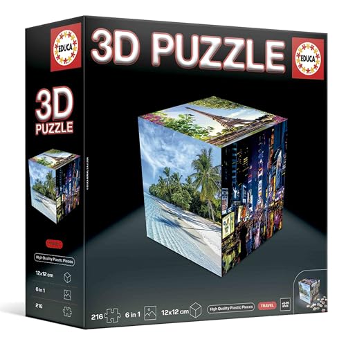 Educa - 3D Puzzle Viajes. El Reto puzzlero en Forma de Cubo con 216 Piezas en Total. Estructura: Base montable Cubierta por 6 Puzzles de 36 Piezas Cada uno. A Partir de 6 años (20124)