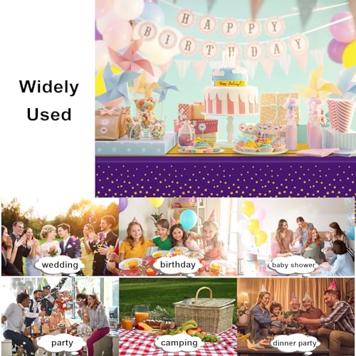 Image of 12 Pack Purple and Gold Tablecloth Party Decorations Plastic Purple Tablecloth Printed Gold Table Runner 54 x108 Inch Disposable Rectangle Table Cover for Birthday Wedding Graduation