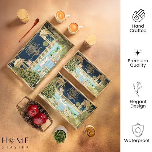Image of Swan Wooden Serving Tray with Gold Engraving | Set of 3 | Size : 16 x 10 inch, 14 x 8 inch & 12 x 6 inch | Enamel Coated Waterproof | Rectangular | Swan Set of 3