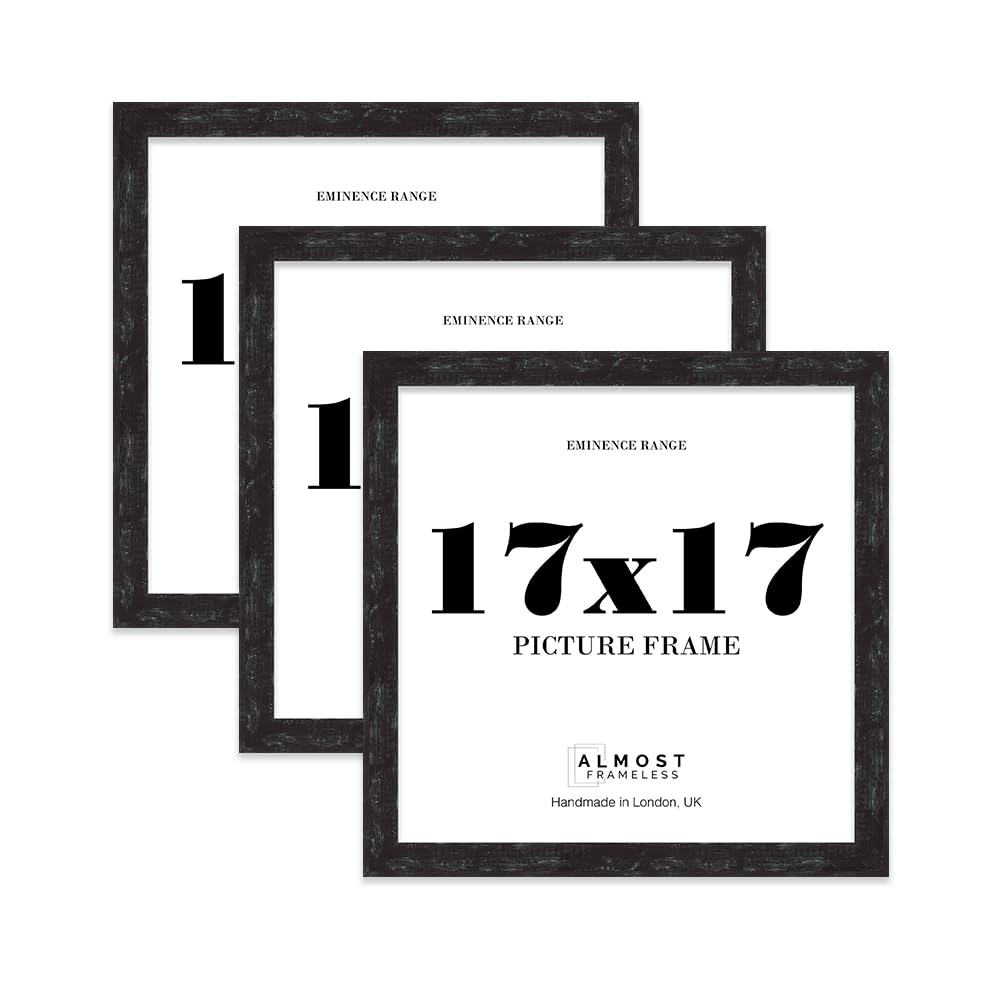 17x17 Distressed Black Picture Frame - Rustic Wood Industrial Effect Photo Frame for Wall Display, Ideal for Posters, Prints & Home Décor, Wall Hooks, 32mm Edge - 3 Pack