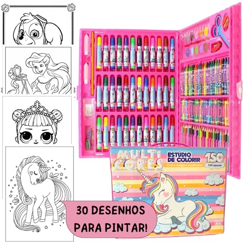 Estojo Completo De Pintura Infantil Com 150 Peças + 30 Desenhos Kit Escolar Maleta Presente Criança
