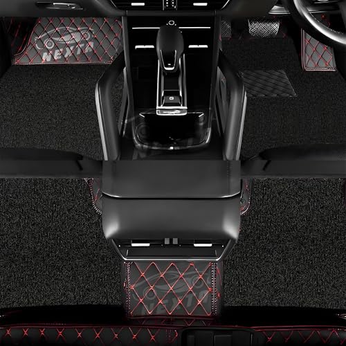 Image of NEXTA Premium Nappa Luxury Leather with Grass Mat Complete Set || 100% Waterproof and Washable||7D Cars Floor Mats for VinFast Limo Green - 7 Seater (All 3 Rows) | Color : (Black & Red)