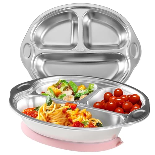 Image of Mrs. Chou Stainless Steel Baby Suction Plates: Divided Plates for Babies and Toddlers, Made of 100% Food-Grade Materials Ideal for Baby-Led Weaning BPA-Free Toddler Feeding Dishwasher Safe PINK