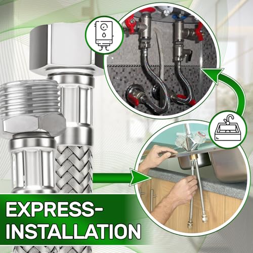 2 Stück Flexibles Wasseranschluss Schlauch Länge 20 cm Ø 13 mm Anschlussart Innengewinde-Außengewinde 1/2” x 1/2” - Garantie 5 Jahre - ONIX TECH