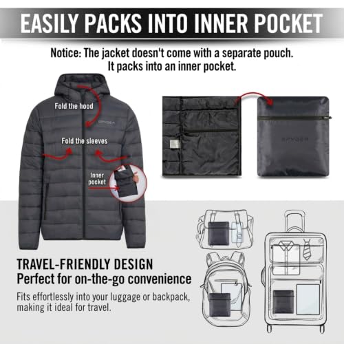 Image of Spyder Puffer Jacket Men - Packable Lightweight Quilted Hooded Winter Coat | Soft-touch insulation, packs into inner zip pocket, reversed coil zipper, zippered hand pockets