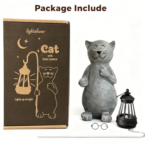Image of lightsfever Animal Garden Statue with Solar Lantern, Cute for Patio,Balcony,Yard Decor, Lawn, Gift for Grandma (Gray Cat)