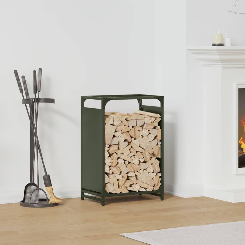 Brennholzregal Olivgrün 44x28x65 cm aus kaltgewalztem Stahl, wetterfestes Holzregal für Kamin, Ofen, Garten, Wohnzimmer, Terrasse, stabile Lagerung, Ordnung, trockenes Stapeln, Holzständer