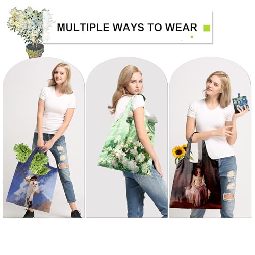 BeeGreen Oil Painting Aesthetic Tote Bag - Large Reusable Grocery Bag, Polyester Grocery Bags Gifts for Women,Foldable, Washable, Packable with Handles & Pouch for Shopping, Beach, Work, Summer