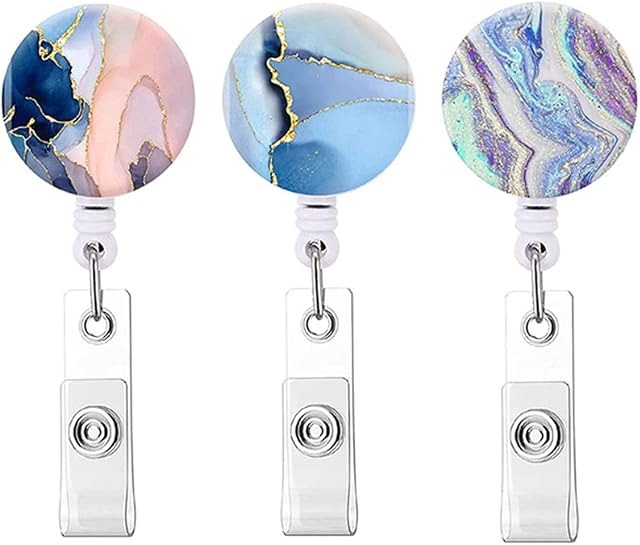 3 Pcs Retractable ID Badge Clip Marble Retractable ID Badge Holder for Card Key Ring Identity Badge Holder for Nurse Worker Doctor Teacher and Student