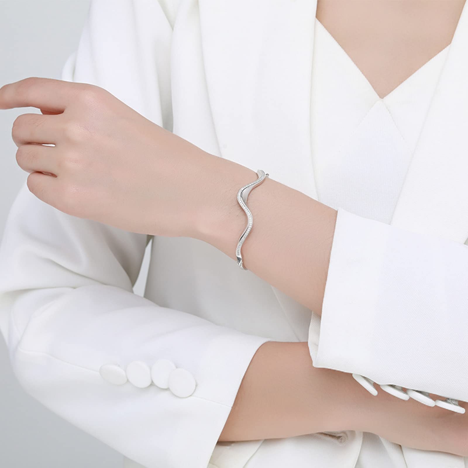 ZH1YFD Brazalete Pulseras de Plata de Ley Banda Ondulada con circonitas cúbicas Pulseras de Plata Mujer